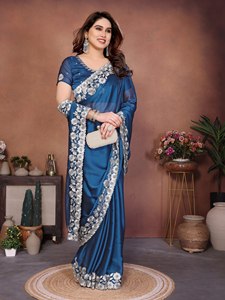 Sari de Seda Azul Elegante de NiMa Creations con Bordado Floral Plateado, de Secado Rápido, para Bodas, Corte Regular, Largo hasta el Suelo, Estilo Indio - Product Image 3