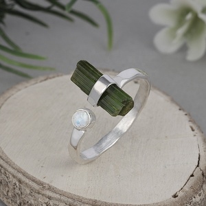 Geometric Natural Green Tourmaline & Moonstone 925 Silver <b>Adjustable</b> <b>Ring</b> Minimalist Gemstone Jewelry Everyday Wear Unisex - Product Image 4