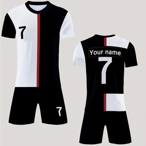 Ensemble de maillots de football personnalisés pour hommes, noir et blanc, imprimé par sublimation, polyester respirant, col en V, anti-bactérien, manches courtes - Product Image 1