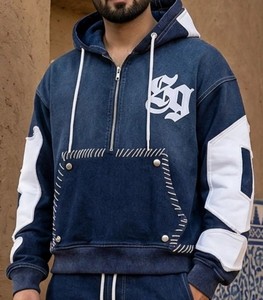 Custom Men's Winter Casual Denim <b>Hoodie</b> & Jogger Pants Tracksuit Set Solid Pattern Streetwear Embroidered Graphic Patchwork - Product Image 2