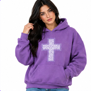 Sudadera con Capucha Morada Extra Grande para Mujer, con Diseño de Cruz Bordada, Sudadera de Forro Polar, Corte Regular, para Otoño - Product Image 1