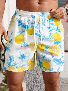 Shorts de Playa para Hombre con Estampado de Limones, Cintura con Cordón, Bolsillos, Secado Rápido, Traje de Baño con Patrón Blanco, Azul y Amarillo - Product Image 6