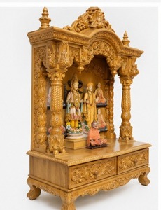 Sala de Pooja de Madera de Teca con Diseño Moderno, Tallada a Mano en Oro Brillante, con Temática del Sur de la India, Hecha a Mano para el Culto Pío, EE. UU. - Product Image 3