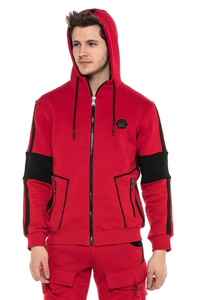 Men's Red Hooded Zip-Up Sweatshirt With Black Accents Casual Autumn Wear Regular Fit French Terry <b>Fabric</b> - Product Image 2
