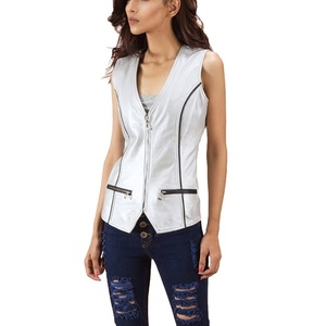 Women Leather Vest Motorcycle Biker Vintage <b>Waistcoat</b> Slim Fit Sleeveless V Neck Outerwear Windproof Zipper Pockets Casual Wear - Product Image 1