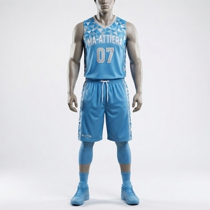 Ensemble short et maillot de basket-ball bleu ciel personnalisé, bordure géométrique, uniforme d'équipe, vêtements de sport respirants en maille, 100% polyester, sublimation - Product Image 1