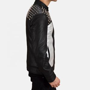 Chaqueta de motorista con tachuelas para hombre, chaqueta de moto de cuero de oveja negra de talla grande, chaqueta de cuero con pinchos de invierno con cuello levantado y cremallera - Product Image 3