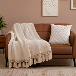Solid Cream Color Cotton Throw With Large Fringes Eco Friendly custom Cotton Throw For Sofa at Factory price. - Product Image 1