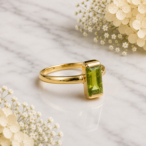 Bezel Setting <b>Peridot</b> Fine <b>Ring</b> Solid 925 Sterling Silver Yellow <b>Gold</b> Plated Smooth Band Classic Women <b>Ring</b> 4x8 mm Baguette - Product Image 2