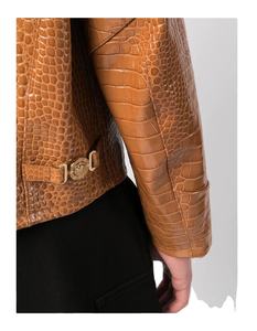 Chaqueta de Cuero Marrón Unisex con Grabado de Cocodrilo, Cierre Completo, Bolsillo en el Pecho, Cuello Redondo, Silueta Cuadrada, Resistente al Viento, Color Único - Product Image 5