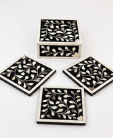 Ensemble de sous-verres décoratifs en os incrusté, faits à la main, écologiques, motif floral carré, 4 sous-verres + 1 support, décoration de table de luxe