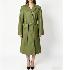 Gabardina de Mujer de Piel Sintética, Larga, de Color Sólido, con Cuello de Solapa, Manga Larga, con Cinturón, Estilo Minimalista para Otoño - Product Image 6
