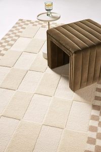 Tapis à carreaux blanc crème en laine tuftée à la main, moderne, couleur unie, à poils coupés, fait main, durable, pour pique-nique et salon - Product Image 1