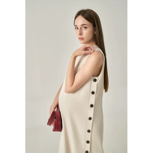 Elegant Minimalist Summer Midi Breathable Buttons Plain Dyed Polyester Sleeveless Spandex Side Slit Front Casual Dresses Made - Product Image 3