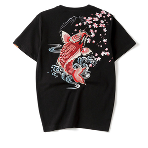 Camiseta Negra de Manga Corta para Hombre con Bordado a Mano Estilo Chino, Cuello Redondo, Corte Regular, 100% Algodón Canvas - Product Image 3