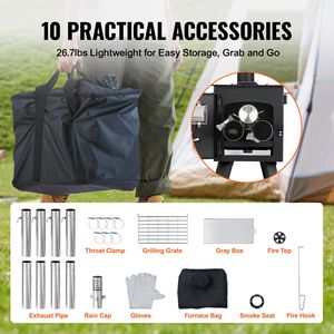 86-Inch Portable Camping Wood <b>Stove</b> with Chimney Pipes and Gloves 1400in3Firebox Alloy Steel Folding Feature - Product Image 3