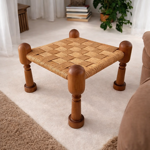 Customised Versatile Handcrafted Wooden <b>Stool</b> With Woven Jute or Cane Seat Square Ottoman for Indoor Outdoor Apartments - Product Image 6