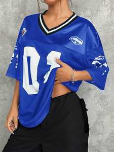 Camiseta de Fútbol Americano Azul con Logotipo Personalizado, Malla Transpirable, Estilo Hip Hop Urbano, Cuello en V, Ropa Deportiva de Entrenamiento para Hombre y Mujer 01 - Product Image 2