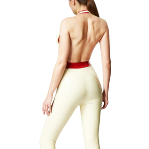 Mono de mujer color crema, de cintura alta, sin espalda, con cuello halter y tirantes finos, ajustado, largo, con control de abdomen y efecto moldeador, de corte ceñido al cuerpo. - Product Image 5