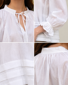 <b>Top</b> Selling Women Vintage Woven Summer Fashion Cotton <b>Linen</b> Blouse Long Bishop Sleeve Tie up Neck Solid Color Casual Loose Shirt - Product Image 5