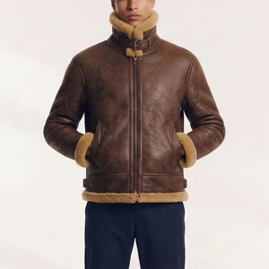 Men’s <b>B3</b> Inspired Brown Real Leather Shearling <b>Jacket</b>, Light Distressed Aviator <b>Bomber</b> Leather <b>Jacket</b> with Fur Collar - Product Image 1