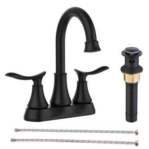 Robinet de salle de bain à 2 poignées, bec pivotant à 360 degrés, haut arc de 6 pouces, noir mat, avec siphon de vidange et accessoires - Product Image 1