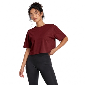 Women's <b>Maroon</b> Crop <b>Top</b> Crew Neck Short Sleeve Loose Fit Solid Color Jersey 100% Cotton Casual All Seasons Wear - Product Image 1