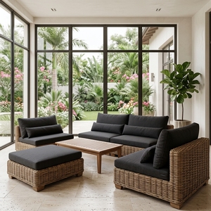 New Modern Minimalist Rattan Living Room Sofa Set Luxury Outdoor <b>Patio</b> Garden Sectional Lounge Seating Black Cushions Wooden Tab - Product Image 4