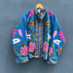 Wholesale <b>Women</b> Blue Velvet Jacket Hand Embroidered Vintage Ethnic Boho Open Front <b>Coat</b> Short Casual Winter Outerwear - Product Image 1