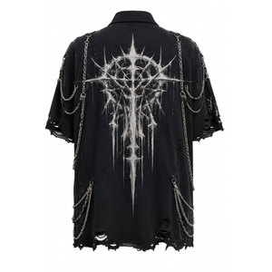 Woven Cotton Style Gothic Oversized Short Sleeve Shirt Black <b>Cross</b> Print <b>Chains</b> Decorated Ripped Design - Product Image 3