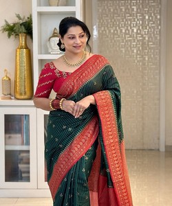 Sari de seda Banarasi verde y rojo con trabajo jacquard y blusa sin coser para ocasiones de boda, para mujer, 85169 TWT 1095 - Product Image 4