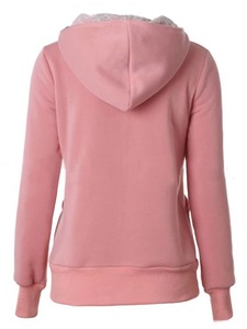 Sweat-shirt personnalisé pour femme en molleton de coton avec capuche en dentelle, empiècement floral en dentelle rose, col cheminée boutonné, vente en gros OEM - Product Image 2