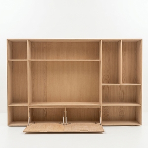 Meuble de rangement mural modulaire, meuble TV avec portes battantes, placage bois naturel, console multimédia, étagère ouverte, rangement pour salon - Product Image 1