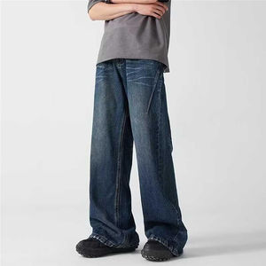 Vaqueros anchos de cintura media para hombre, estilo hip hop, lavado a la piedra, bordados, con botones, desgastados, informales, para invierno, estilo urbano. - Product Image 2