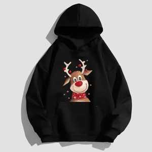 Sweat-shirt à capuche noir pour homme avec imprimé de rennes, poche avant, vêtement d'hiver décontracté, coupe classique, en coton tricoté - Product Image 1