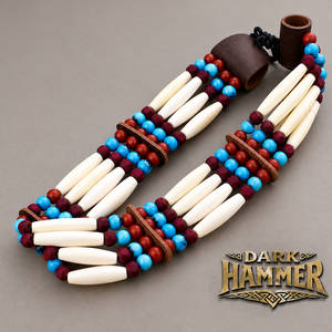 Collier artisanal en perles d'os naturel avec perles de pierres précieuses colorées, style rustique viking médiéval historique, bijoux pour costume - Product Image 2