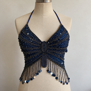 <b>Blue</b> Beaded Halter Tank <b>Top</b> <b>Sequin</b> Fringe Crop Camisole for Festival Beach Dance - Product Image 1