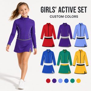 Ensemble de sport 2 pièces pour filles : veste zippée et jupe, en tissu de yoga respirant et extensible, tenue de cheerleading pour enfants - Product Image 1