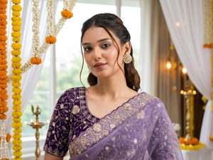 AARA Fashion <b>Purple</b> Silk <b>Saree</b> Gold Embroidery Sun Protection for Wedding Elegant Floor-Length Women's Sari India Pakistan Style - Product Image 4