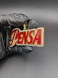 Pendentif PENSA personnalisable avec nom, en moissanite et émail rouge, pour fête, rappeur, hip-hop, en argent sterling 925, bijoux fins, pendentifs et breloques - Product Image 2