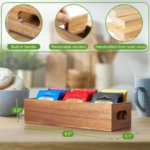 Boîte de rangement pour sachets de thé en bois d'acacia blanchi moderne, finition polie, poignées personnalisées, 3 compartiments multifonctions, cuisine en bois - Product Image 6