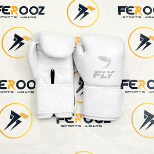 ถุงมือชกมวยหนังวัวแท้ Fly White แบบรัดสาย สำหรับขาย ฝึกซ้อมคิกบ็อกซิ่ง MMA - Product Image 1