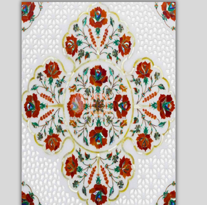 Panneau rectangulaire en marbre blanc décoré de fleurs, de brindilles florales centrales et d'un cadre en volutes noires, à prix de gros. - Product Image 6