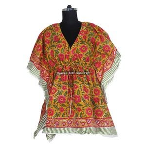 Hand Block Printed Cotton Kaftan Handmade Indian Abaya Kaftan KFCS050 Maxi Design with Short Sleeves XL Size Dubai Fashion Style - Product Image 1