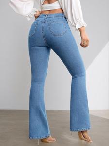 Jean évasé taille haute en denim pour femme, longueur intégrale, couleur unie, boutonnage frontal, style décontracté, en coton, collection automne - Product Image 5