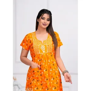 Women's Cotton Printed Summer <b>Maxi</b> <b>Nightdress</b> Free Size Short Sleeve Long Gown Comfortable Daily Wear Front Machine-Washable - Product Image 1