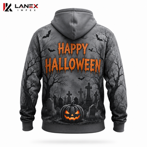 Sweat à capuche unisexe personnalisé en polyester gris, motif citrouille d'Halloween et maison hantée, style gothique streetwear, par sublimation - Product Image 4