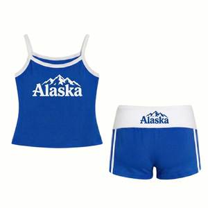 Alaska Two-Piece Sport Set Women's Sleeveless Crop Top With Shorts Blue White Mountain Print Breathable Knitted Wear - Product Image 1