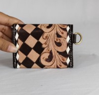 Magnifique mini porte-monnaie en cuir véritable avec motif à carreaux marron et couleur chair, orné de diamants et de fleurs brodées