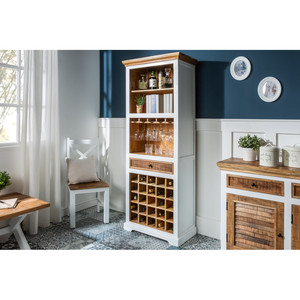 Meuble bar en bois massif avec rangement pour vin, étagère de présentation et rail de suspension, finition antique, design autoportant - Product Image 1